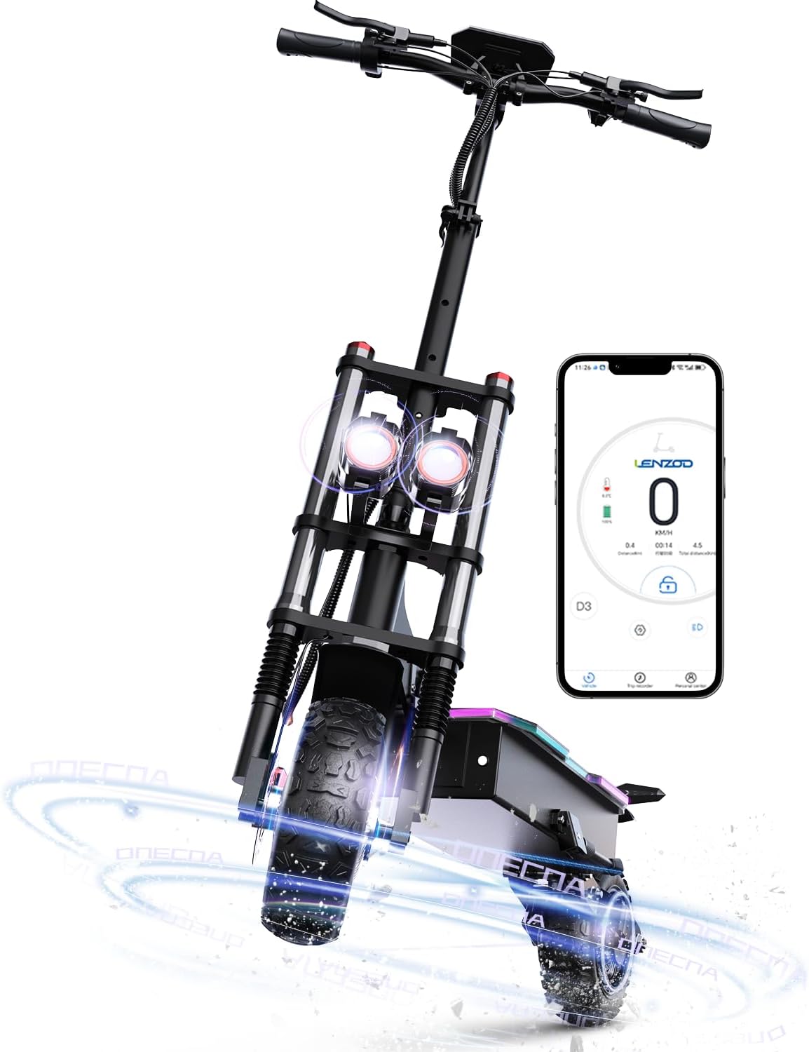 ONECNA GT8 PRO electric scooter with its front wheel and handlebars prominently displayed, alongside a smartphone showing the 'Lenzod Pro' app interface.