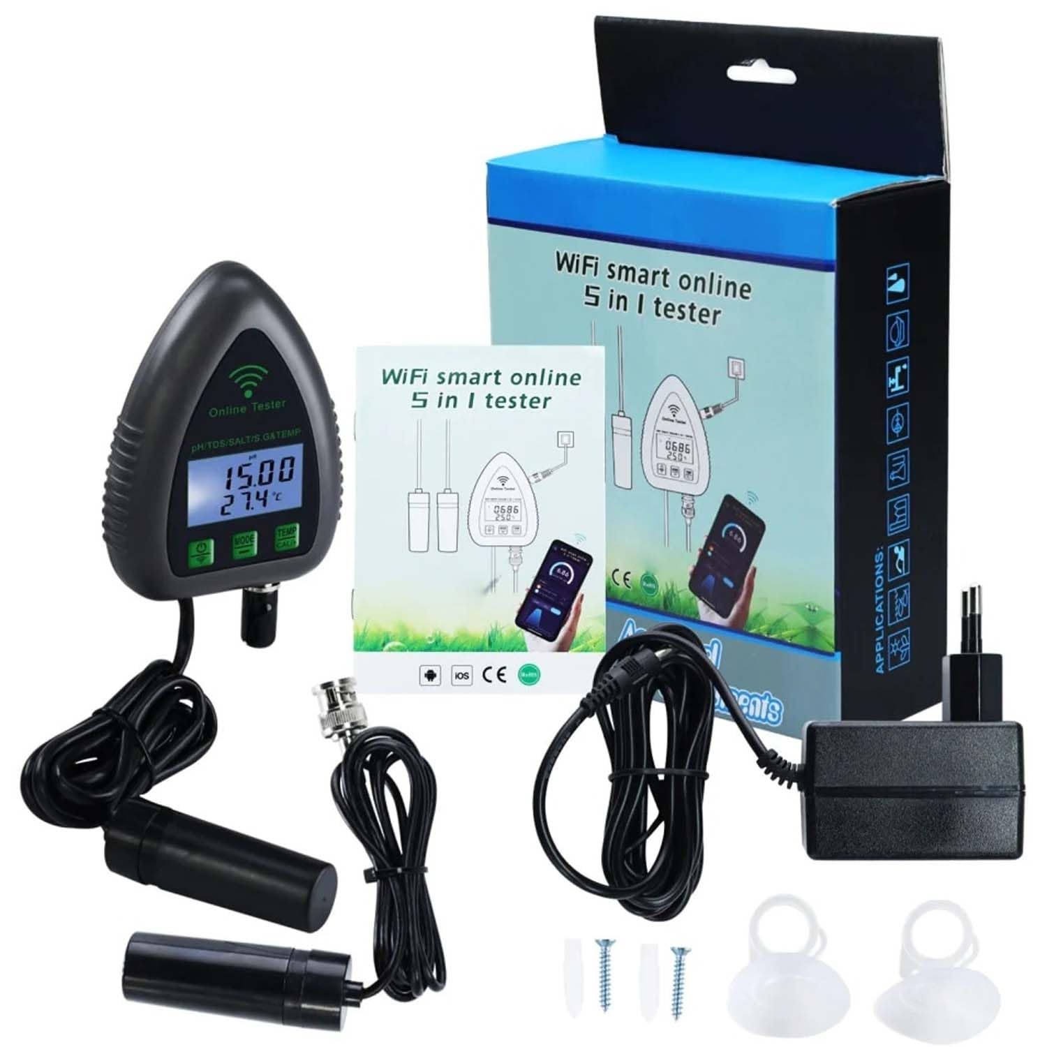 Misuratore della qualità dell'acqua del pH, tester 5 in 1 con monitoraggio APP per pH, TDS, sale, S.G e temperatura, ideale per acquari, laghetti di pesce e piscine di acqua salata
