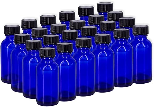 Botellas redondas Boston de vidrio azul cobalto de 1 oz con tapa acanalada negra, paquete de 24