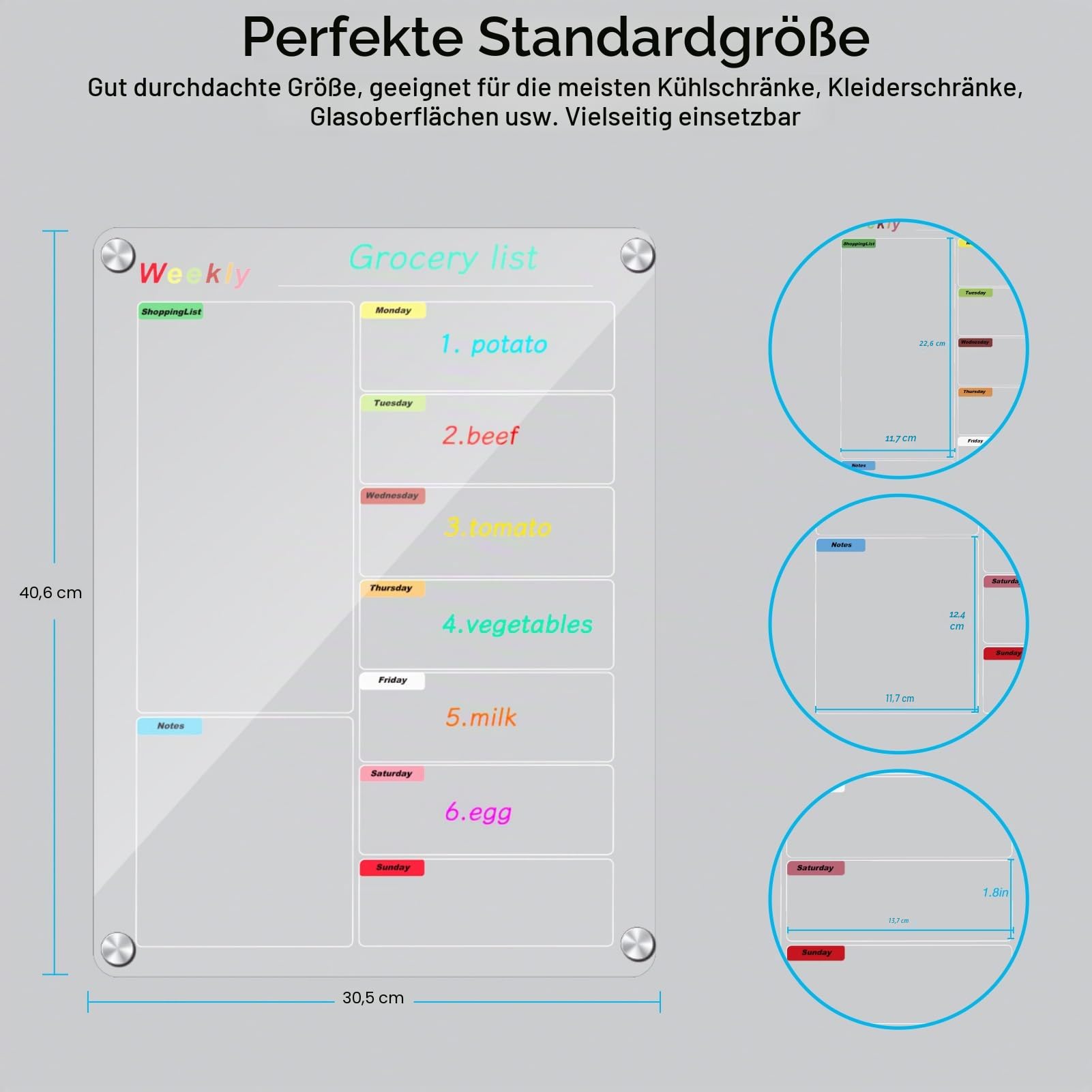 Kühlschrankkalender, Mahlzeitenplanungstafel, trocken abwischbar, Acryl, magnetisch, Monats- und Wochenkalender, Planer für Kühlschrank mit 6 Farbmarkern (transparent, wöchentlich (39,9 x 30
