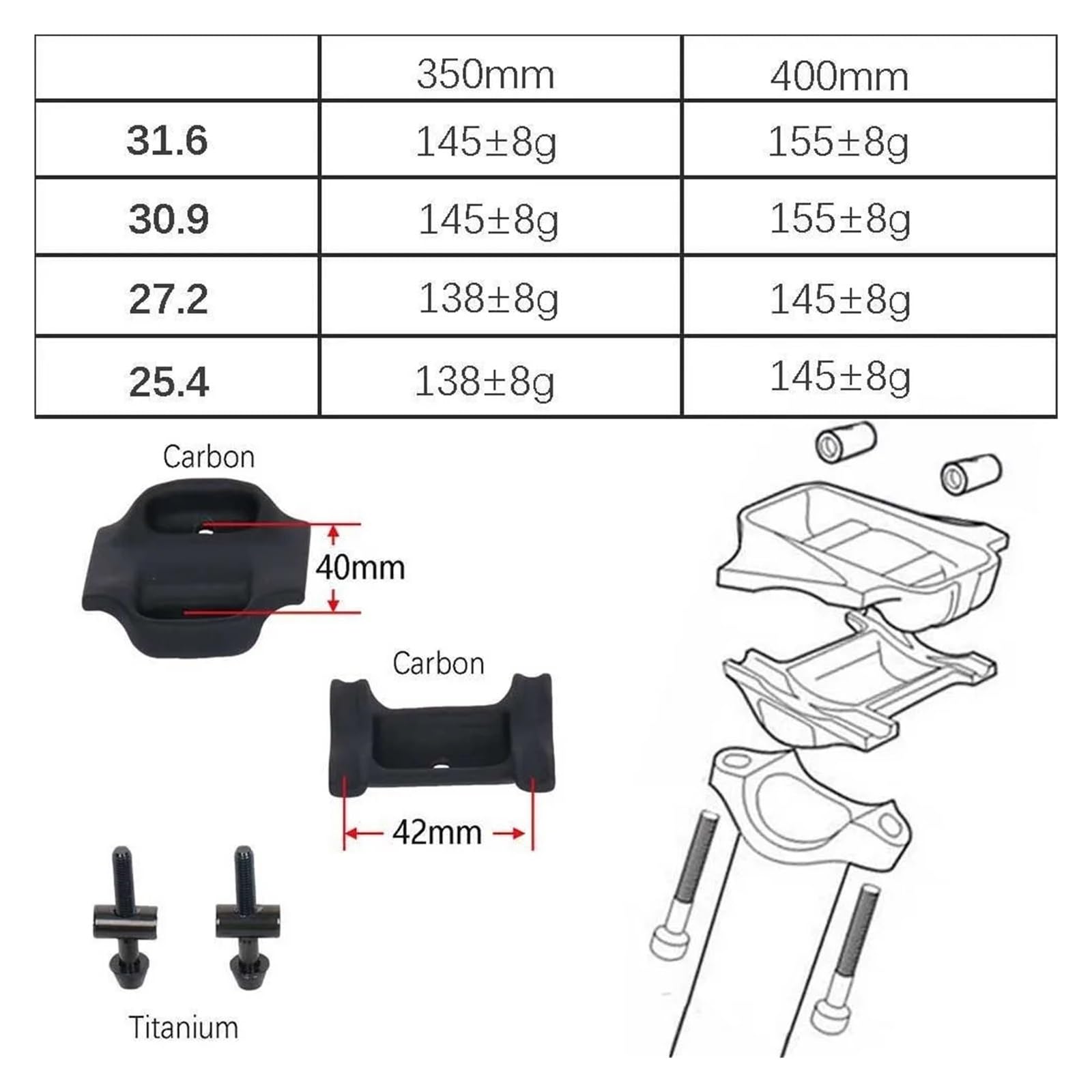 Tija de sillín Bicicleta Carbono Ligera 25,4/27,2/30,9/31,6 mm