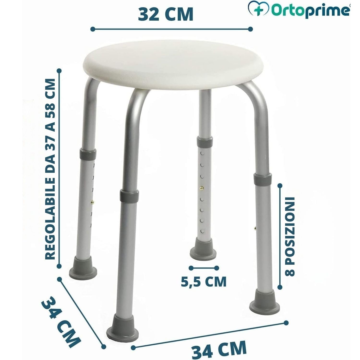 OrtoPrime sgabello da doccia per anziani rotondo – Sedia per doccia regolabile in altezza – Sgabello da bagno antiscivolo per adulti e anziani – Sedia doccia ergonomica leggera e sicura