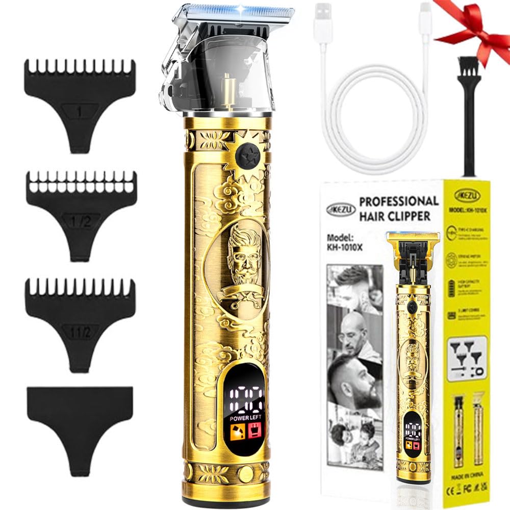 Hair Clippers for Men, Professional Hair Trimmer Barber Cordless Zero Gapped Hair Clippers with LCD Display, Mens Beard Trimmer T Liners Shavers Edgers Clipper for Hair Cutting, Golden