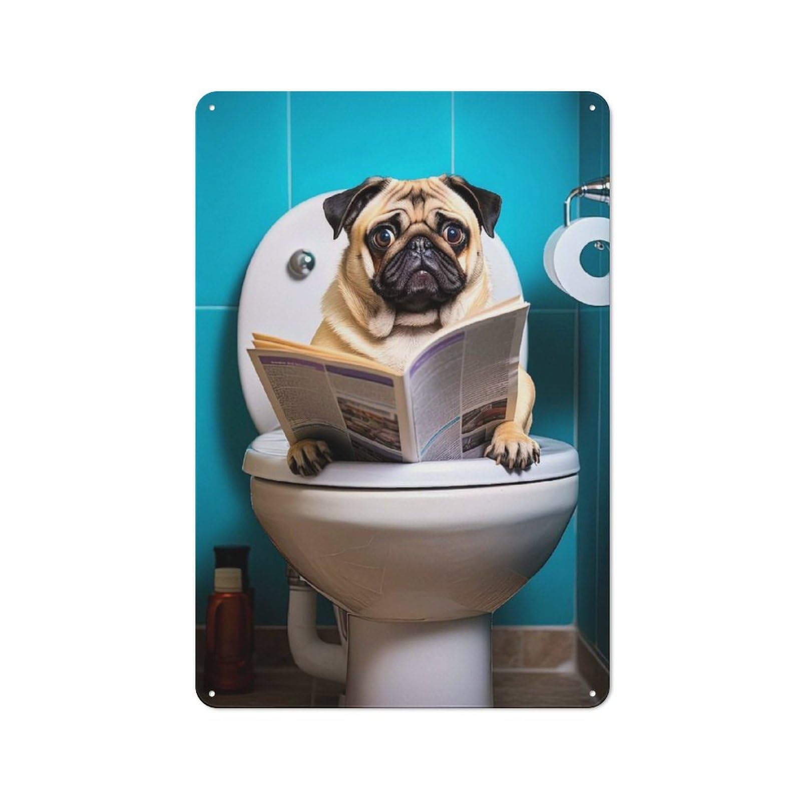 Junmoney Pug Dog On The Toilet Metal Wall Sign 30X20cm Featuring For Living Room Wall, For Decorating Living Rooms And Feature Walls