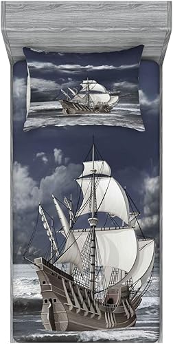 Miniatura 77 de Ambesonne Juego de sábanas bajeras y fundas de almohada, dibujos de aviones antiguos, vuelos clásicos con fechas, estilo vintage, diseño nostálgico,