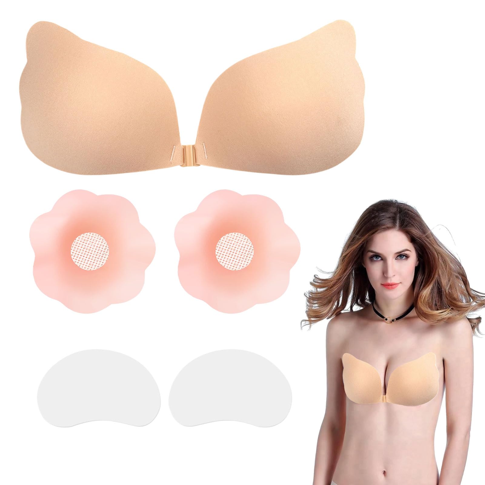 Stick on Bra,1 Pair Strapless Bra with 1 Pair Nipple Covers and 1 Pair Transparent Side Breast Patch,Comfortable Beige Sticky Push Up Bra for Women,Strapless Push Up Bra for All Backless Clothes