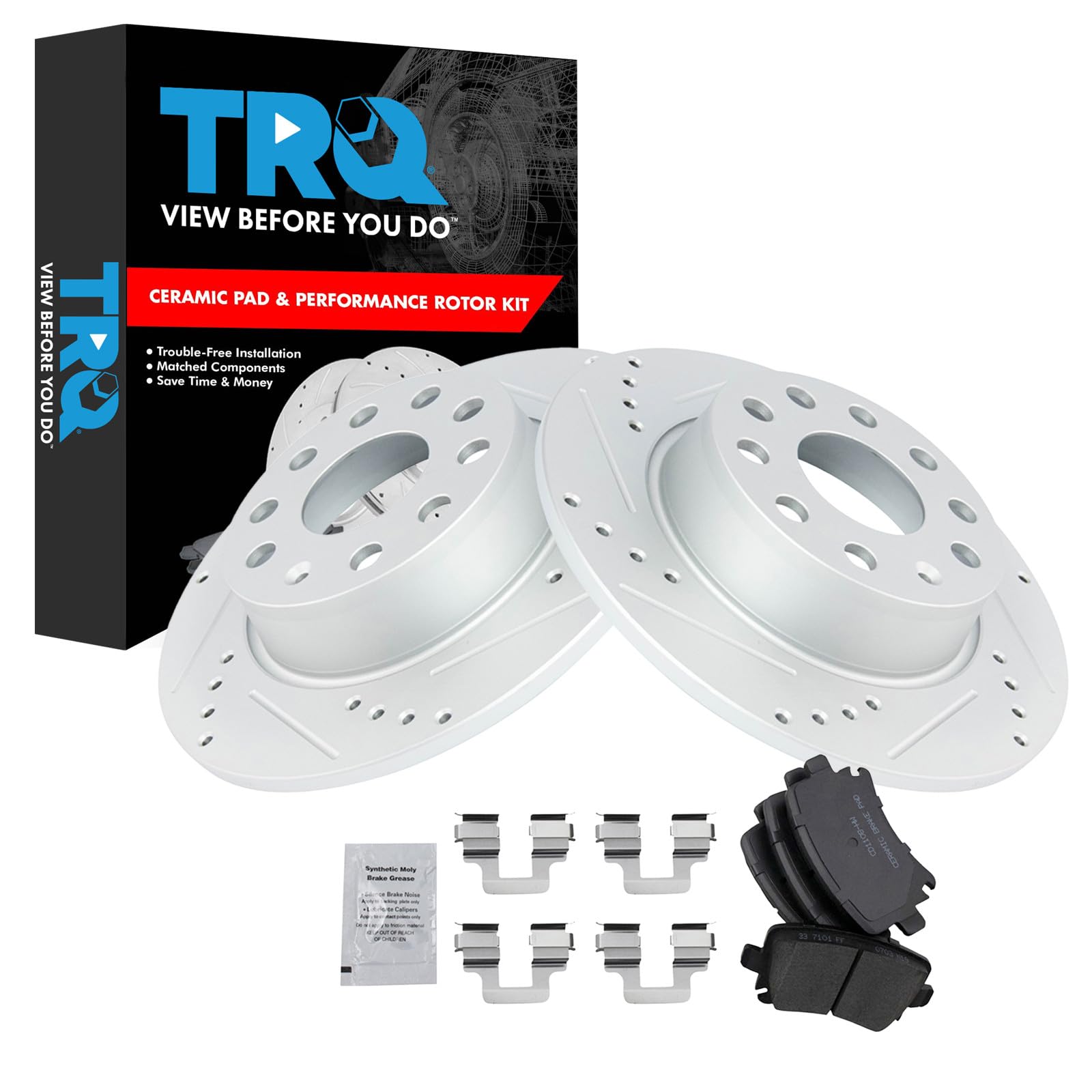 TRQ Performance Rear Brake Pad and Rotor Set Ceramic Drilled Slotted G Coated Rotors Compatible with 2010 Volkswagen Golf 2011 2017 GTI
