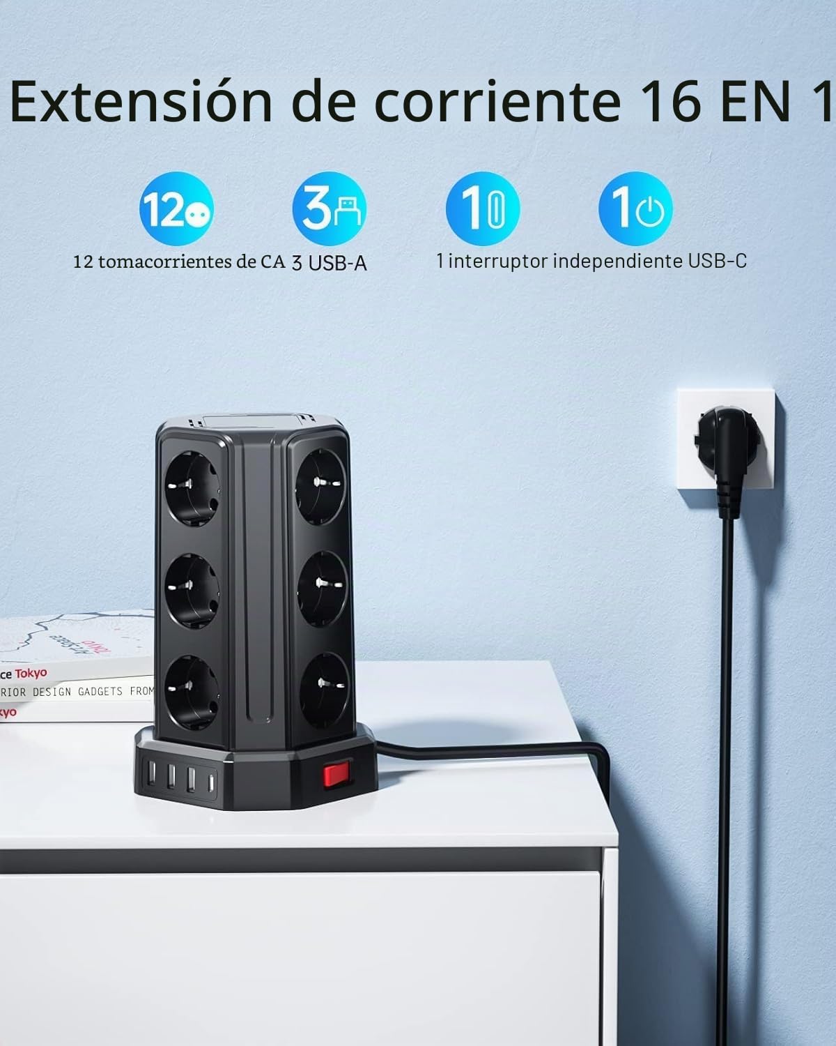 Torre Regletas Enchufes con Cable 5M, Regleta USB 12 Tomas de AC Corrientes y 4 USB, 3680W/16A, Regreltas Vertical con Interruptor para Mesa, Oficia, Casa