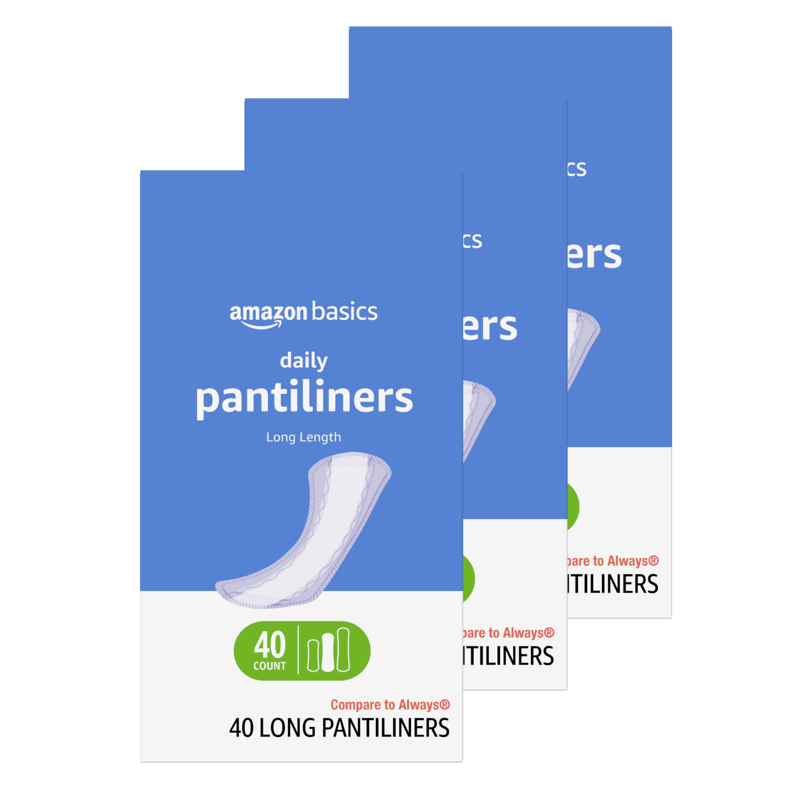 Photo 1 of Amazon Basics Daily Pantiliner, Long Length, Feminine Pads for Women, Unscented, Comfortable Thin, 120 Count (3 Packs of 40) (Previously Solimo)