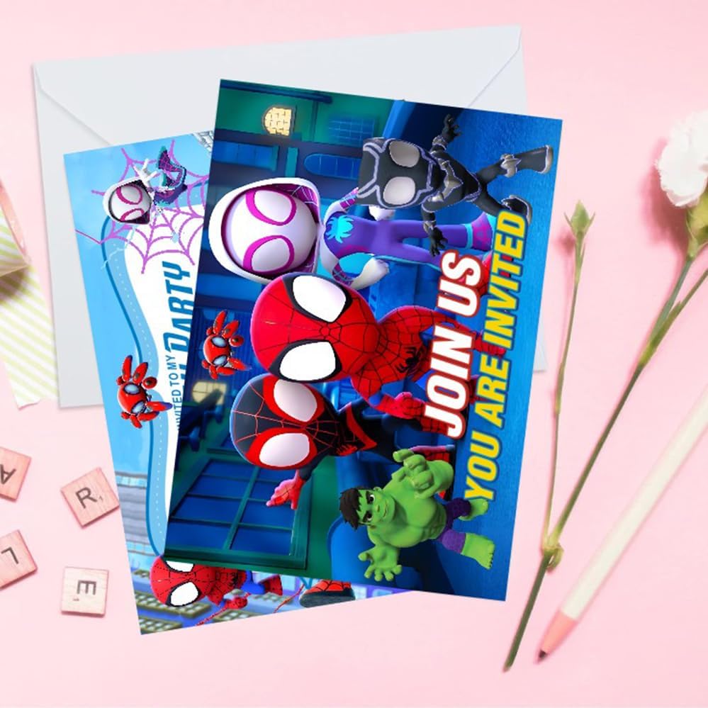 BNFUO 16pcs Spider and His Friends Birthday lnvitation Cards Gift Cards with Envelopes for Spider and His Friends Theme Party Supplies