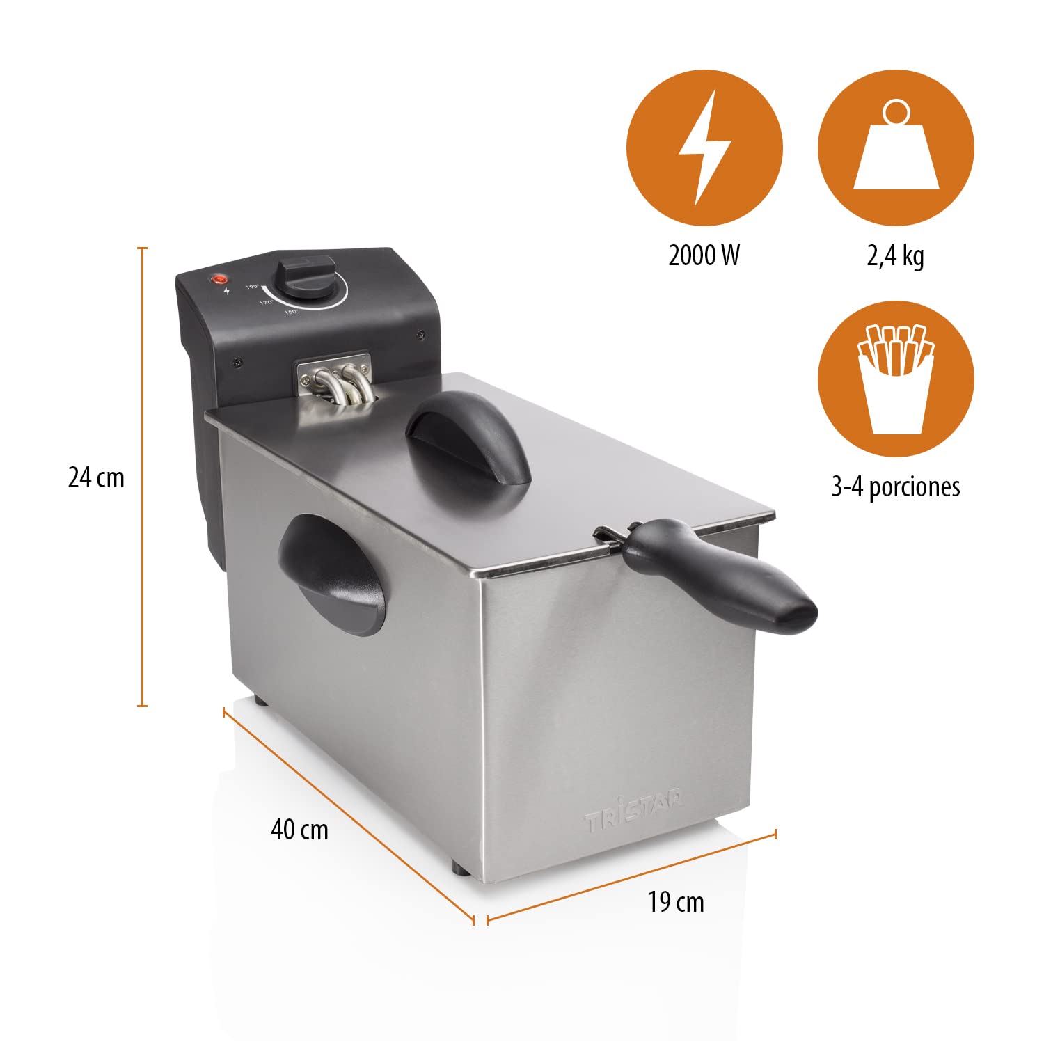 Tristar FR-6935 Freidora eléctrica Deep Fryer, Capacidad de 3 litros, termostato regulable, mango plegable, almacenamiento del cable, zona fría, libre de BPA y PFOA, fácil de limpiar, 2000 W