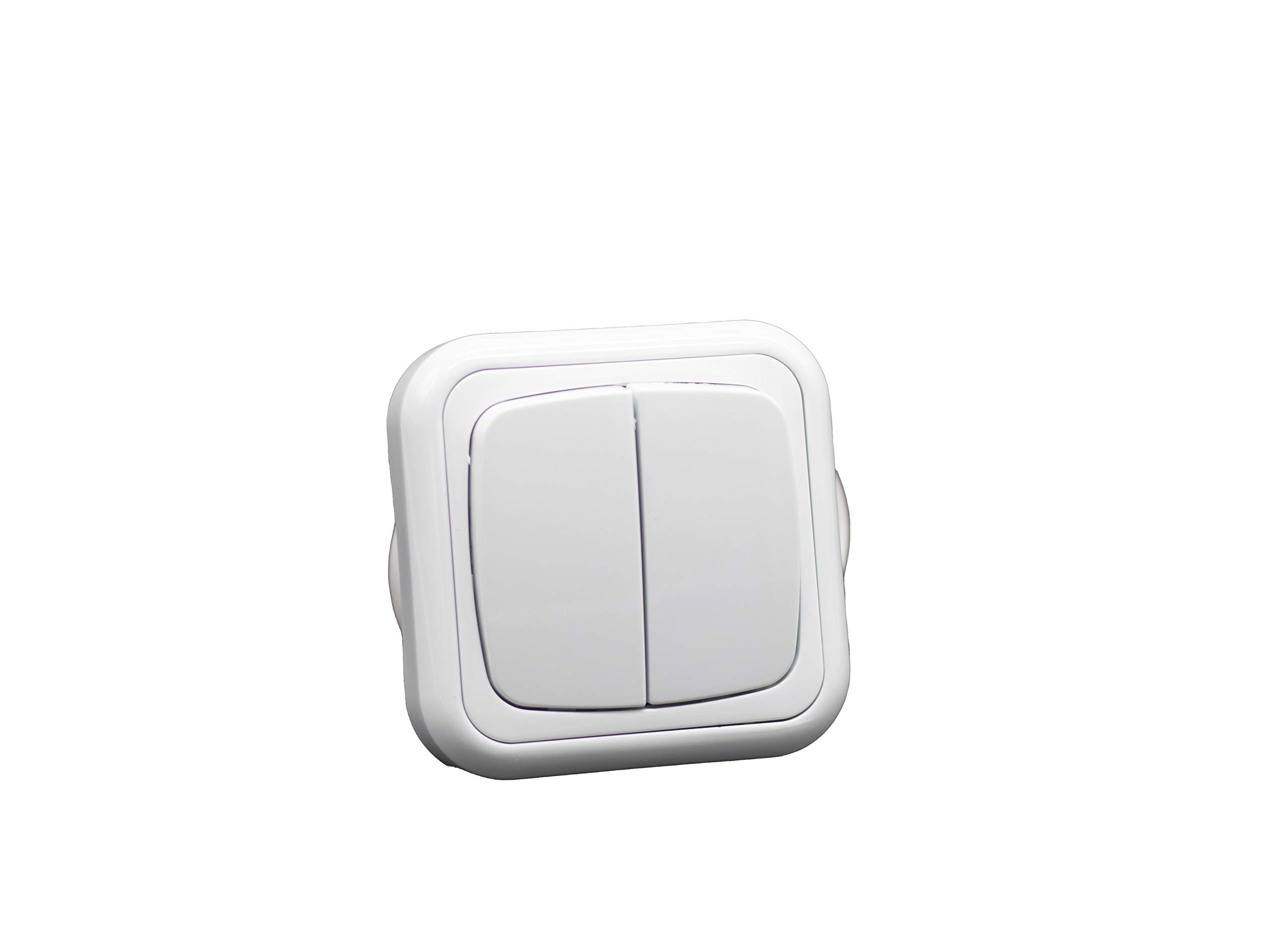 Doble conmutador de superficie 10A/250V, ideal para controlar la iluminación en diferentes espacios y mejorar la eficiencia energética.