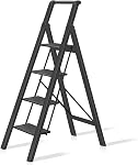 4 Step Ladder, RIKADE Folding Step Stool Lightweight Aluminum Foldable Ladder Safety Anti-Slip Wide Pedal and Handgrip Portable Step Stool for Household Kitchen Office, 330 lbs Capacity (Wood Grain)