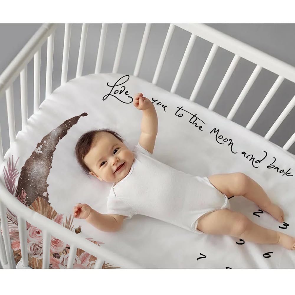 Manta de hito para bebé niña, manta mensual de hitos para recién nacidos, manta de gráfico de crecimiento del bebé, decoración bohemia para guardería, manta de accesorios para fotos con corona