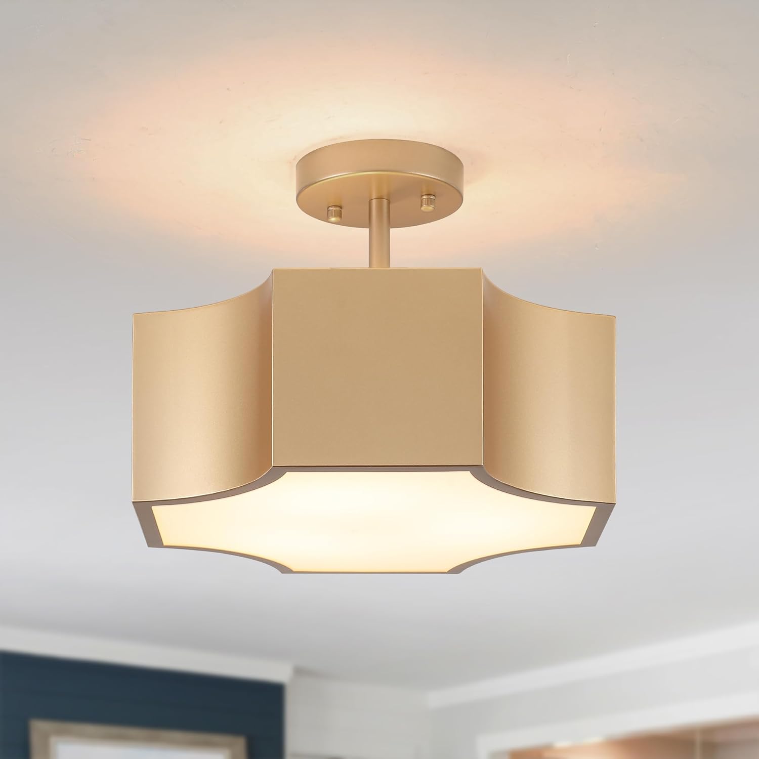 Modern Gold 3-Light Ceiling Light Fixture, Metal Industrial Semi Flush Mount Close to Ceiling Light, Farmhouse Light Fixtures Ceiling Mount, Geometry Chandelier for Kitchen, Dining Room, Hallway