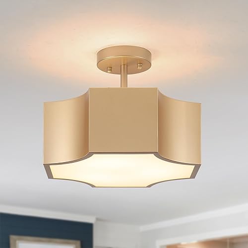 Moderna lámpara de techo dorada de 3 luces, montaje semiempotrado industrial de metal, cerca del techo, lámpara de techo de granja, lámpara