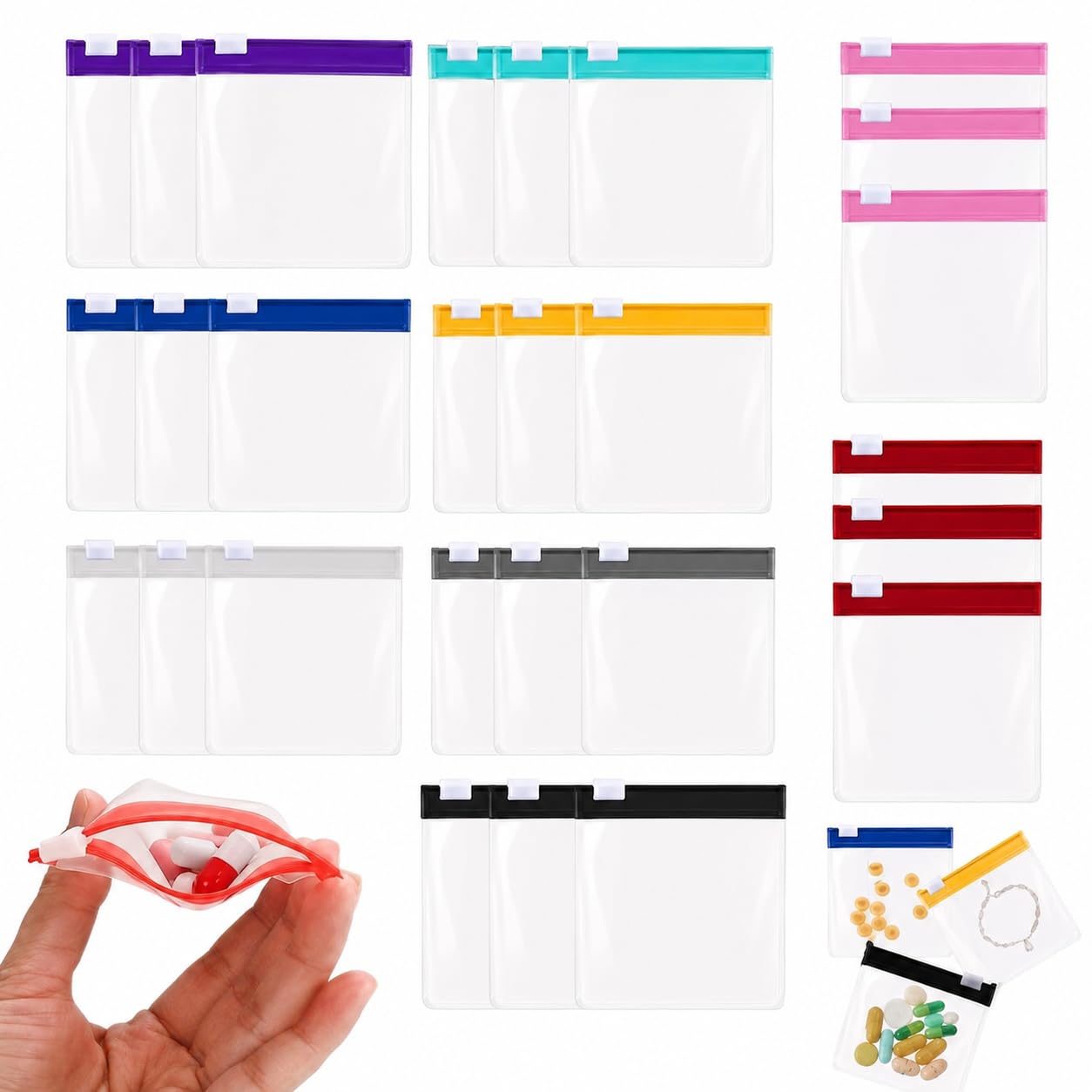 27 Bolsas para pastillas con cremallera, bolsas de píldoras reutilizables bolsas organizadoras EVA transparentes multicolor con cremallera 7.6x7 cm almacenamiento medicamentos viaje hogar portátil