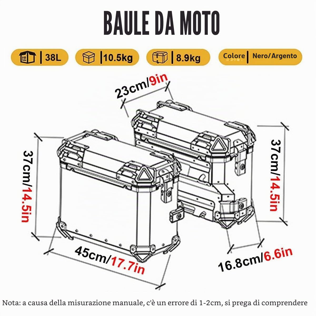 Borse Laterali da 38 L in Lega di Alluminio per Moto e Scooter, Box Posteriore Rigido Universale, Spessore 1,5 mm (Nero)
