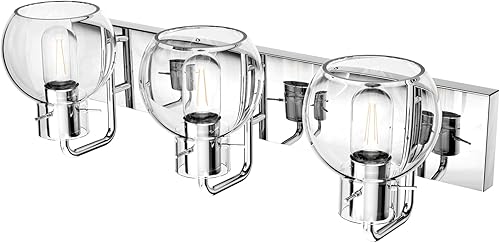 Miniatura 3 de Tipace Moderna iluminación de tocador de baño, 3 luces, de acero inoxidable industrial, acabado cromado con globo de vidrio transparente,