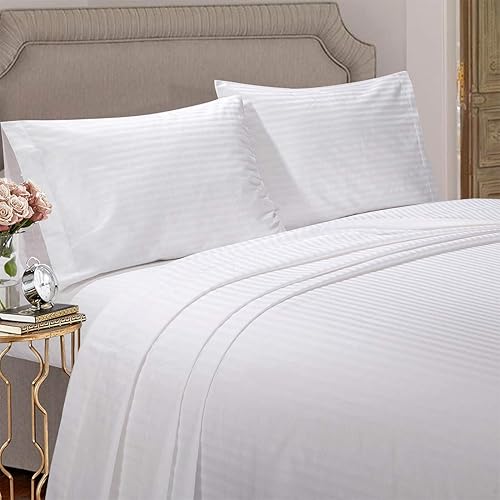 Hotel Quality - Juego de sábanas de 600 hilos, 100% algodón egipcio, 4 piezas, tamaño Queen XL, de rayas blancas, de una sola capa, algodón egipcio