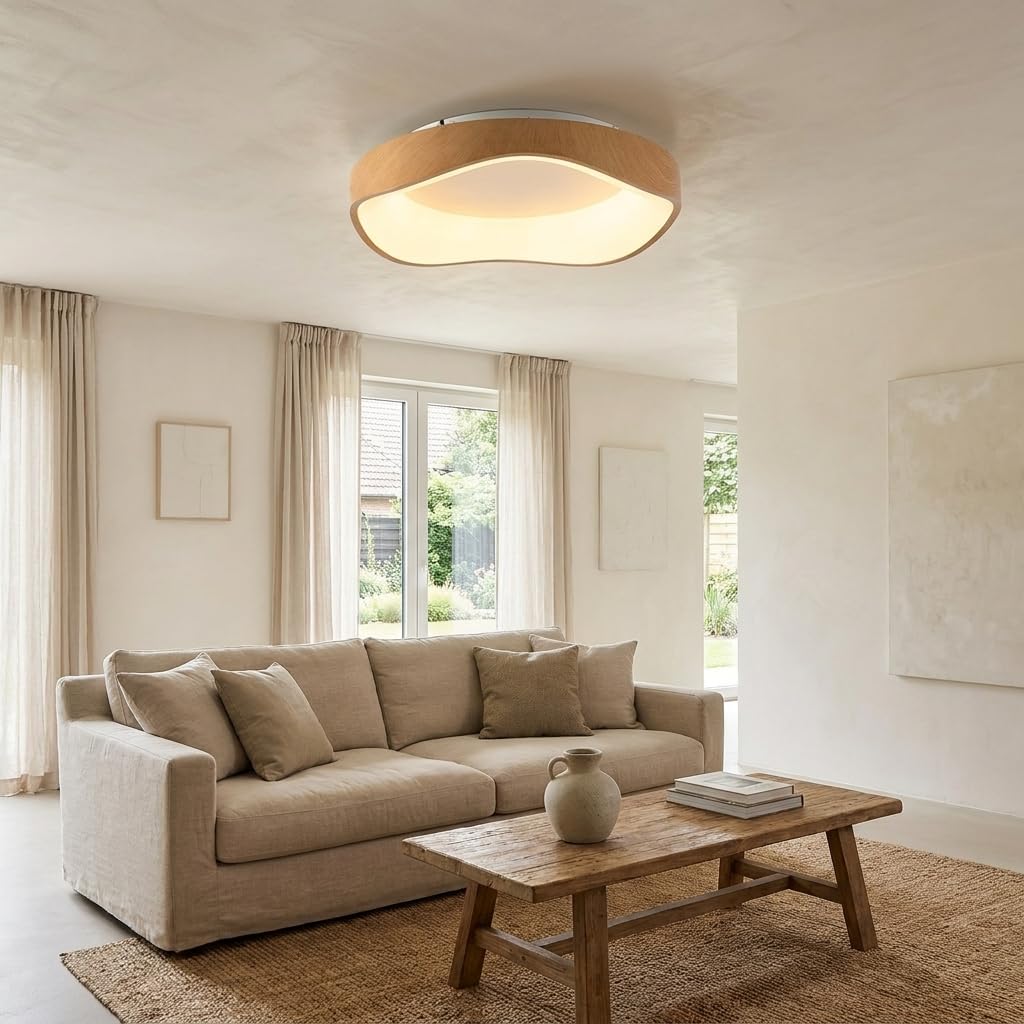 Alpinaluz Plafón LED de Techo Efecto Madera Ø40 cm – 36 W, Luz Seleccionable CCT 3000K/4000K/6000K – Diseño Ondulado Irregular de Acero Imitación Madera con Difusor Acrílico Opal para Salón