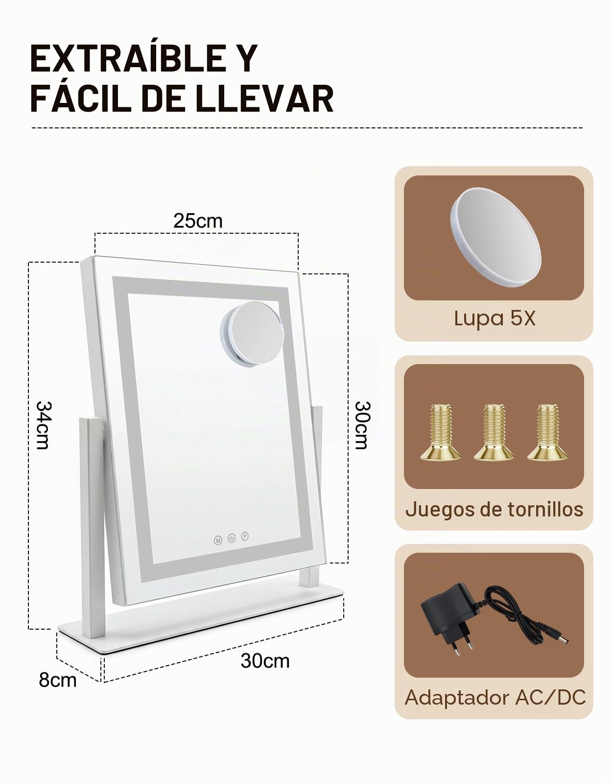 Espejo para maquillaje con iluminación led espejo de Hollywood 25 x 30 cm | tocador, pequeño espejo de maquillaje con luz, espejo de mesa, 3 modos, espejo de maquillaje para mesa