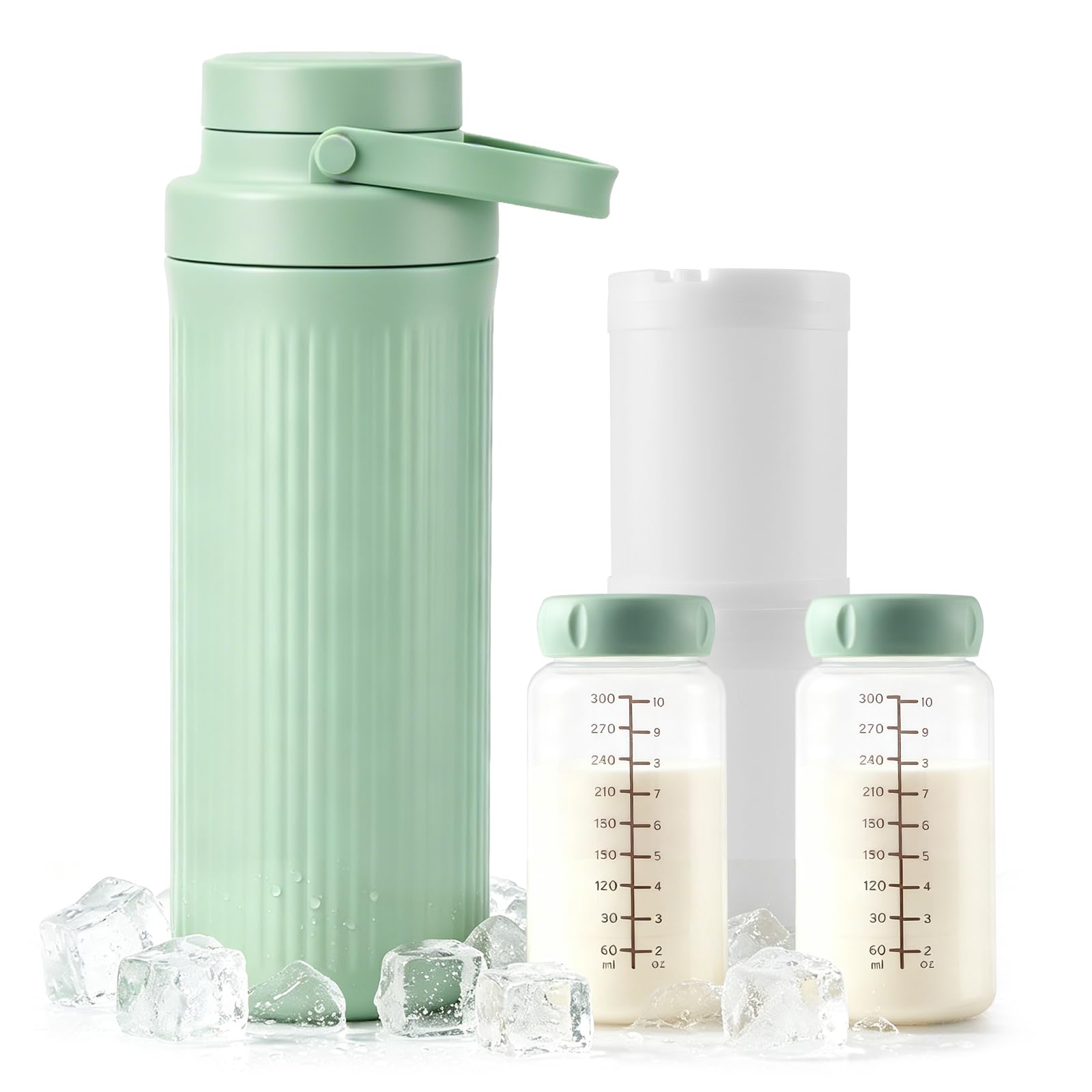 Tragbarer Muttermilchkühler 1,5L mit 2x300ml Muttermilchaufbewahrungsflaschen, 360° Gesamtkühlung Babyflaschenkühler für Unterwegs & Reise, Wiederverwendbares Stillzubehör mit langlebiger Kühlung