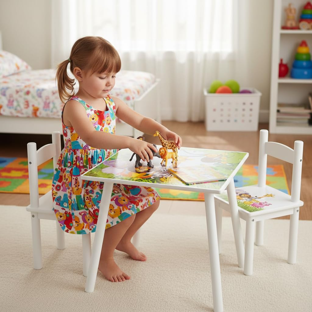 Leomark Table et 2 chaises Table pour Enfants Petit Bureau Couleur Blanc avec Motif Jungle Animaux Dimensions: L 60 x L 60 x H 42 Durable, Multiusage et Facile à Installer
