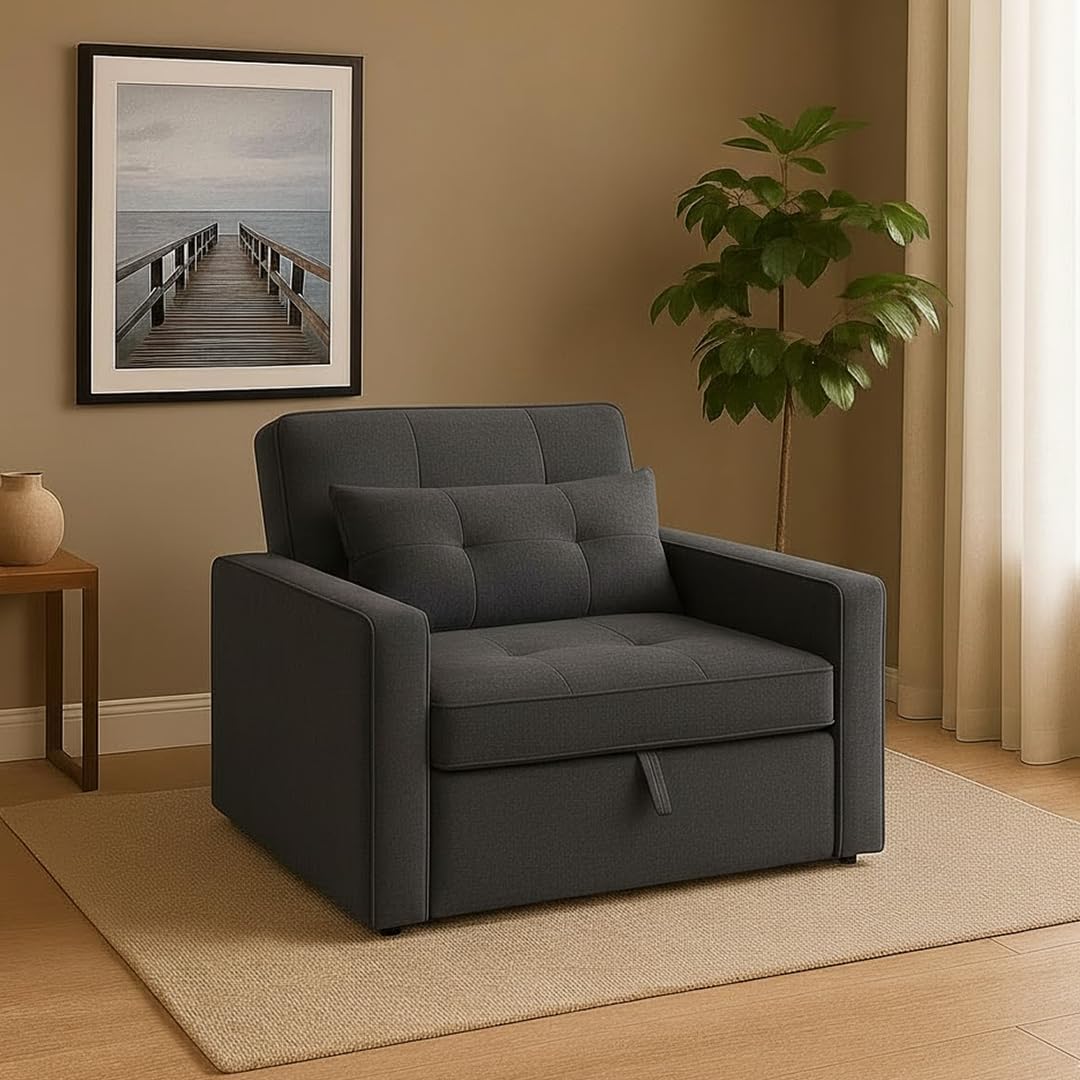 CASASTYLE Trissa 1 Seater Fabric Pull-Out Sofa Cum Bed (Dark Grey) Premium Velvet Finish | Durable Comfort | Ideal for Living Room