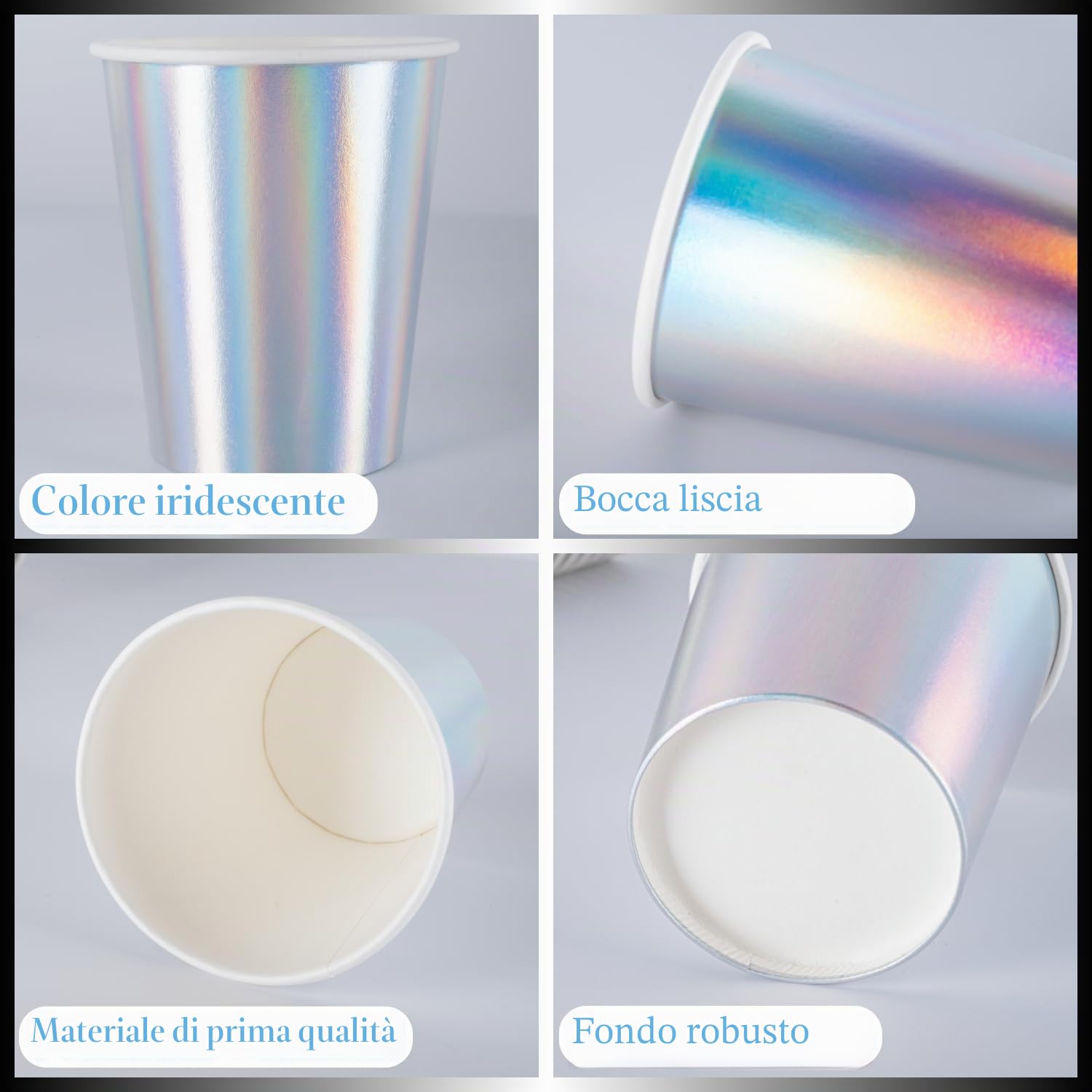 CEILIWEN Confezione da 100 tazze di carta iridescenti olografiche arcobaleno - 250ml Tazze di carta lucide argentate metalliche per bevande calde e fredde