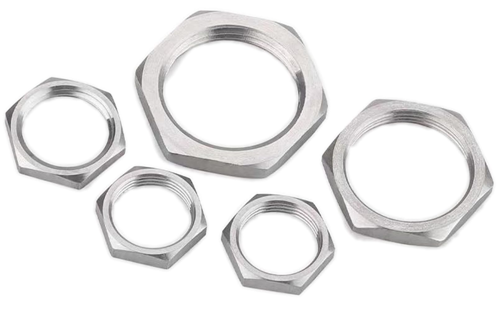 Tuercas hexagonales finas, Tuercas de seguridad hexagonales finas, rosca hembra métrica acero inoxidable 304 plateada, M8-M63, paquete 10