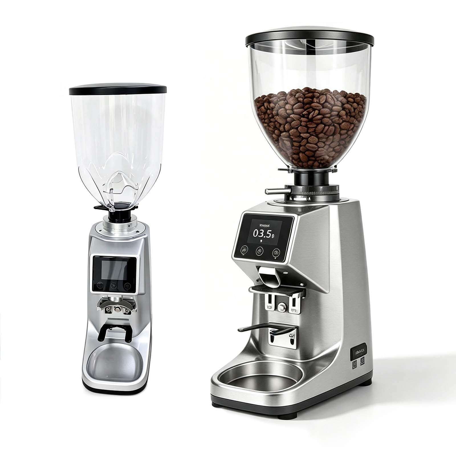 Molinillo de 64 MM con Muelas Planas y Pantalla TáCtil de Molienda Silver | Para espresso, vertido manual y prensa francesa, ajuste externo por pasos, depósito de 500 g de granos