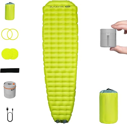 FLEXTAILGEAR Colchoneta de dormir portátil con bomba de aire eléctrica, 9.4 R-Value Autoinflable, Colchón de aire ultraligero para camping,