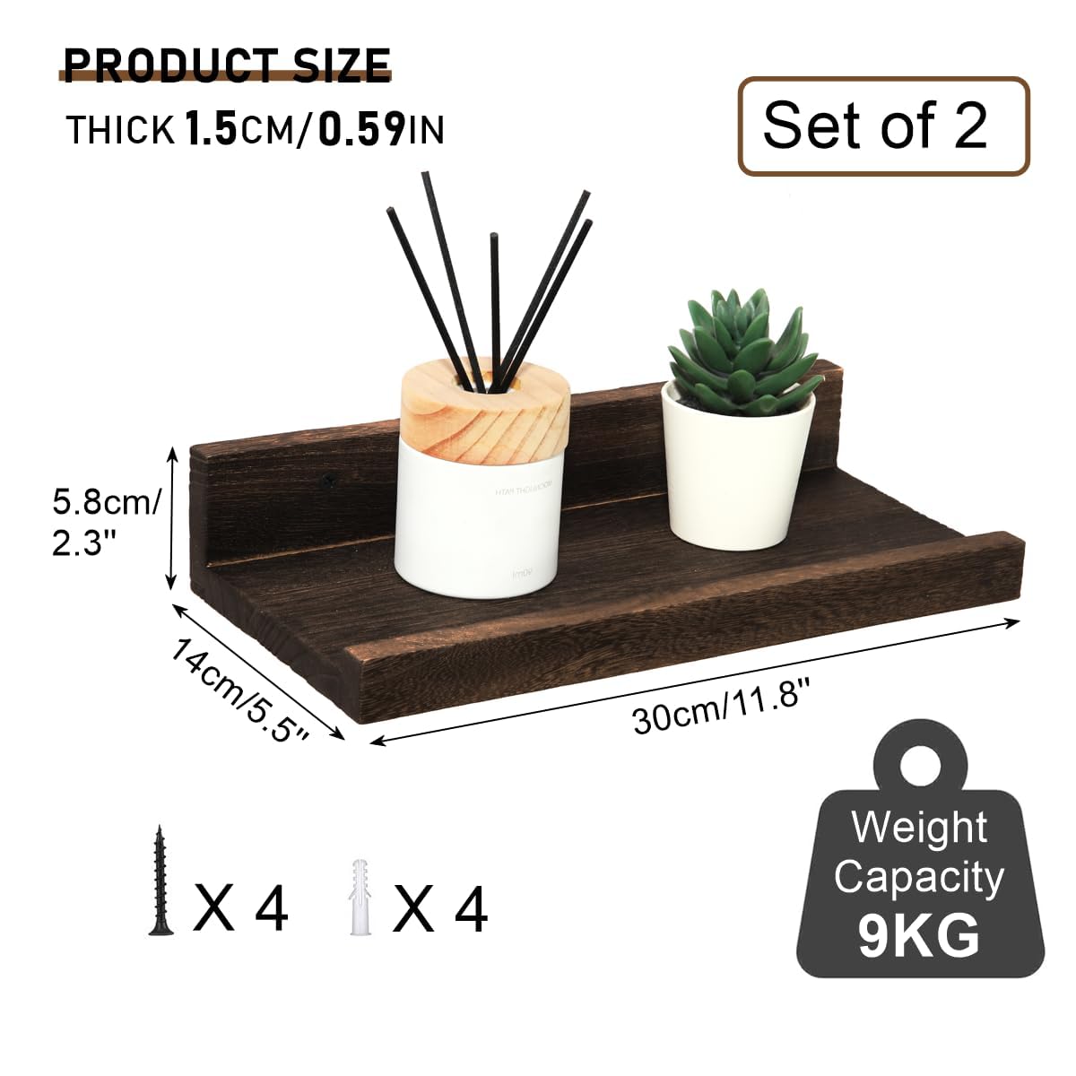 Z metnal Juego de 2 estantes flotantes de madera maciza, estantes de pared rústicos para marcos de fotos y figuras, estantes de pared para gatos, estante flotante de madera natural, estante esquinero