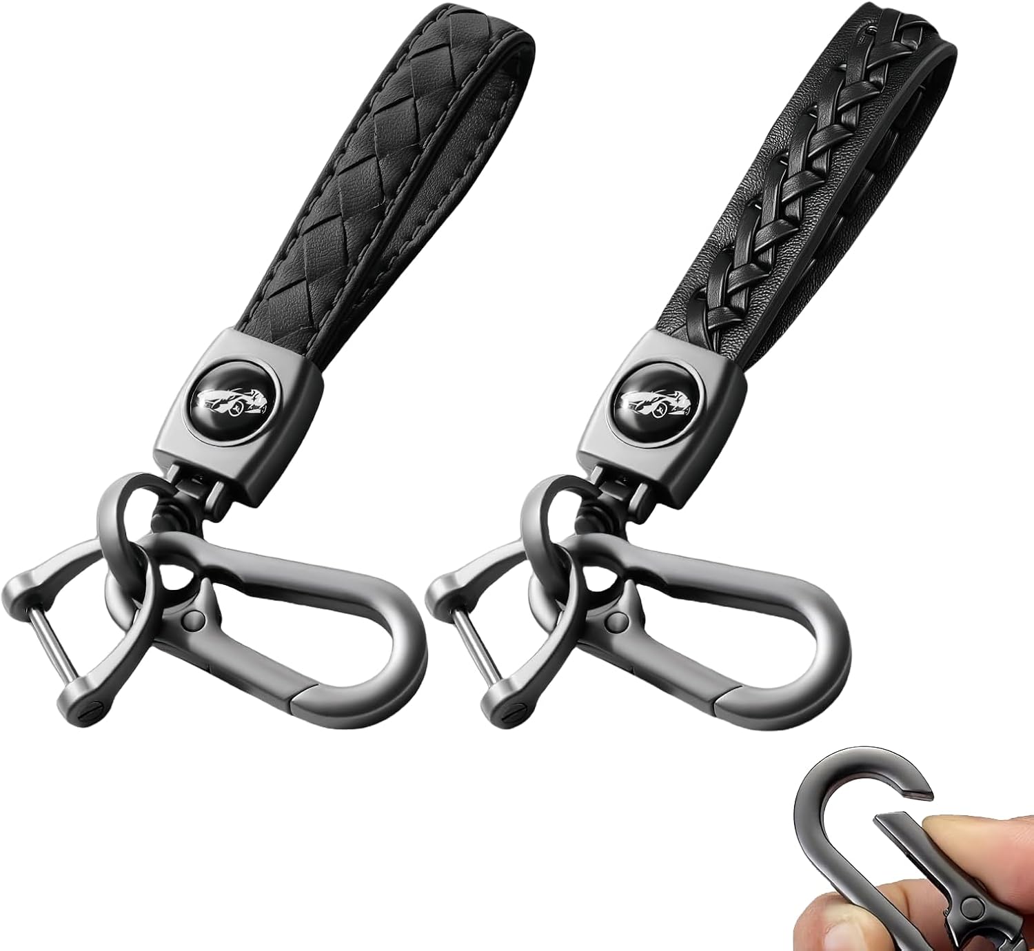 2 Pcs Leather Wristlet Keychain,Carabiner Keychains,Car Key Chain with 360 Degree Rotatable Snap Swivel and Anti-Lost D-Ring Key Fob Keychain for Men Women -Black