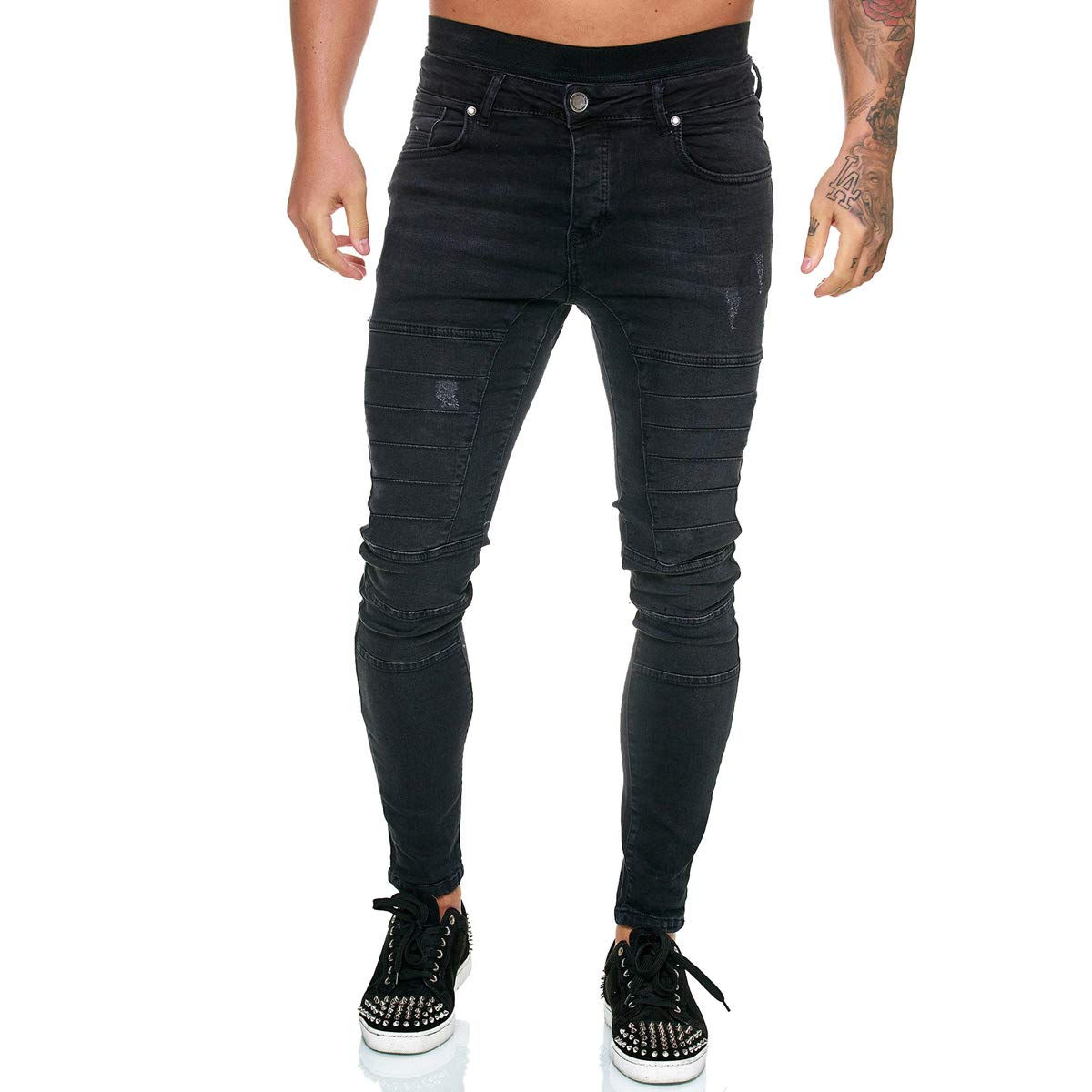 Femereina Men's A-Black Casual Slim Fit Denim Trousers Ripped Skinny Distressed Destroyed Holes Jeans Denim Pants (, Uk 30=Tag M)