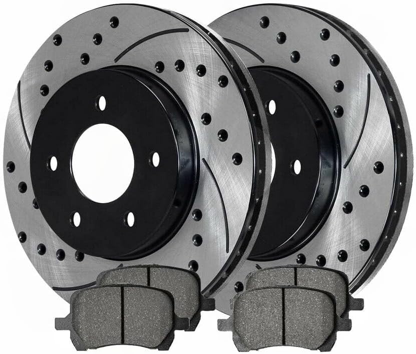4pcs Ceramic Brake Pad Set 2pcs Drilled and Rotors Kit Front Side Black Performance and Slotted for Chevy for HHR 2.2L/2.4L 2006-2011 CP1160 CMX8270