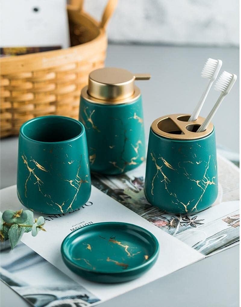 Set di accessori da bagno in ceramica con motivi vegetali, accessori con dispenser di sapone, piatto, bicchiere, decorazione per la casa, decorazione costiera (set da 4 pezzi, verde)