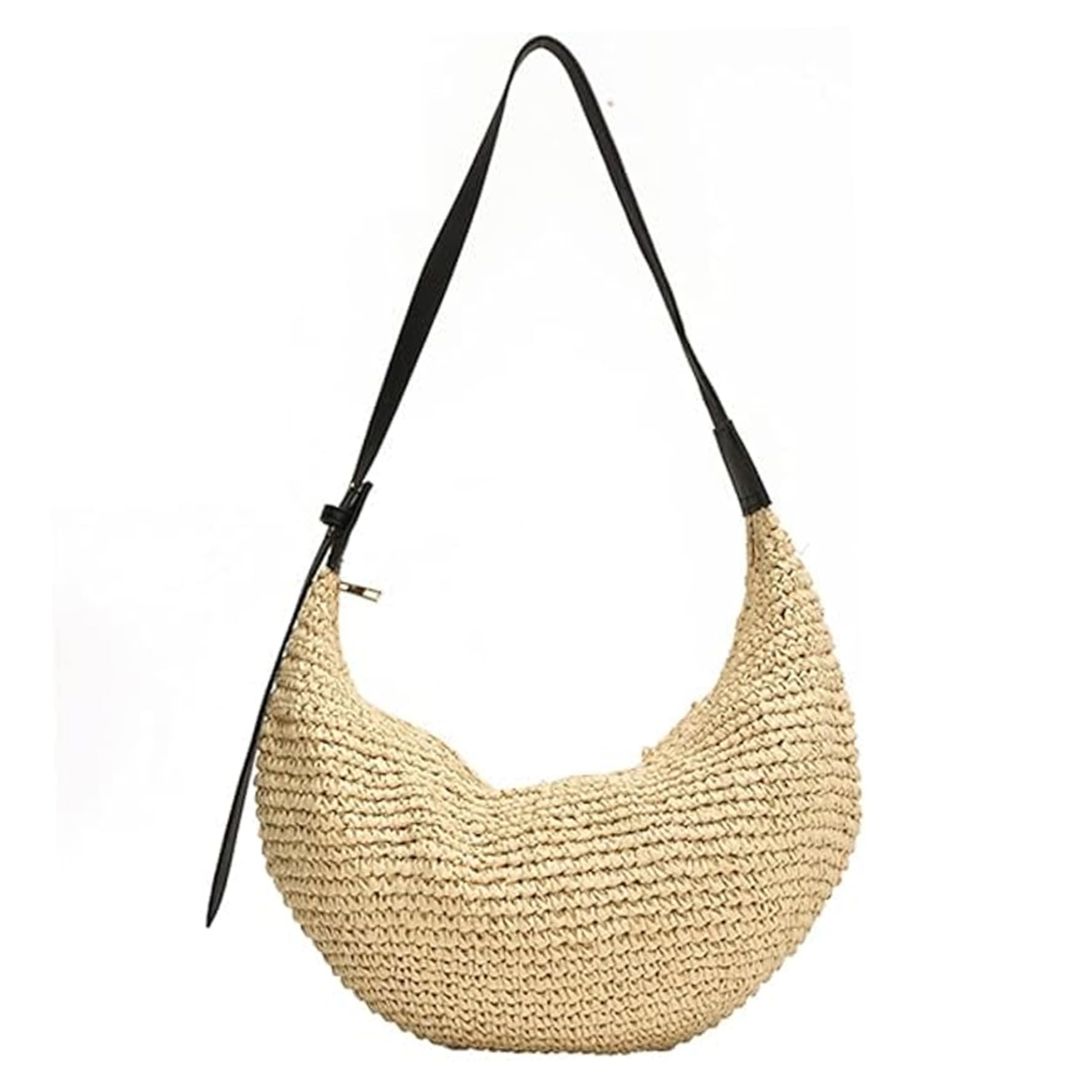 Grtheenumb Straw Shoulder Bag, Half Moon Bag for Women Beach Dumpling Crossbody 15x13x0.3 In Summer Causal Straw Shoulder with Adjustable Strap for Holiday Travel Vocation Beige