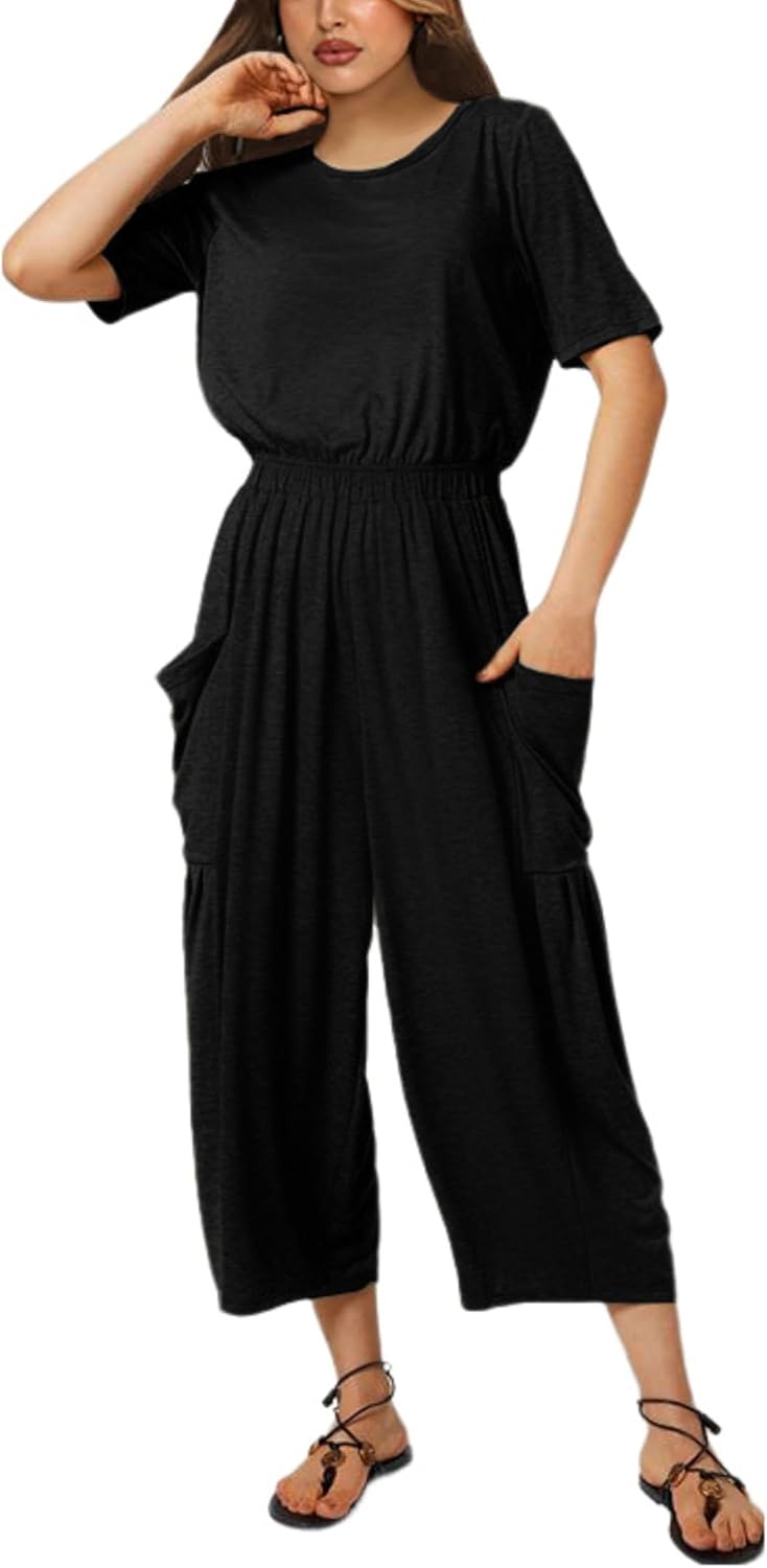 Fiona Jolin Jumpsuits for Women Casual Summer Short Sleeve Wide Leg Jumper Long Rompers with Pockets Medium Black