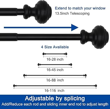 Curtain Rods for Windows 16-116 inch,3/4 inch Heavy Duty Adjustable Decorative Curtain Rod with Modern Finials,Window Rods for Bedroom, Living Room,Patio and Kitchen