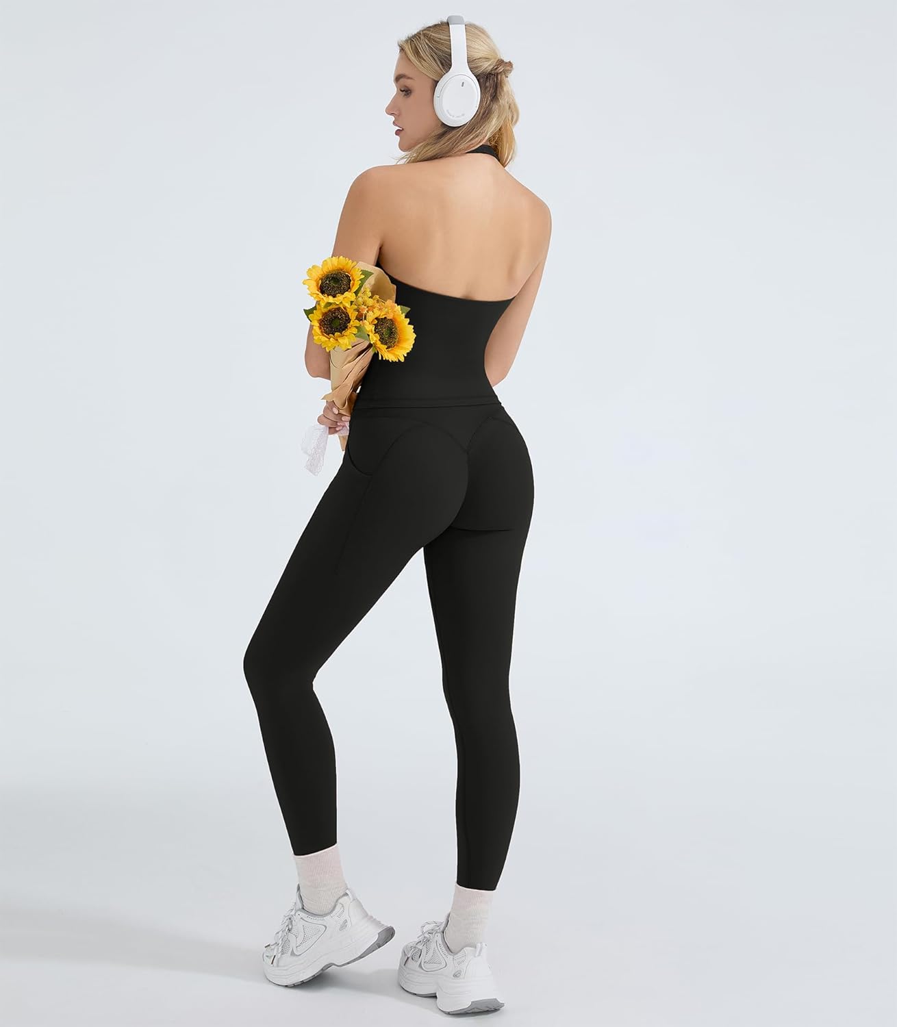 OMKAGI 2 Piece Workout Sets for Women Halter Tops Booty Leggings with Pockets Gym Outfits - Image 2