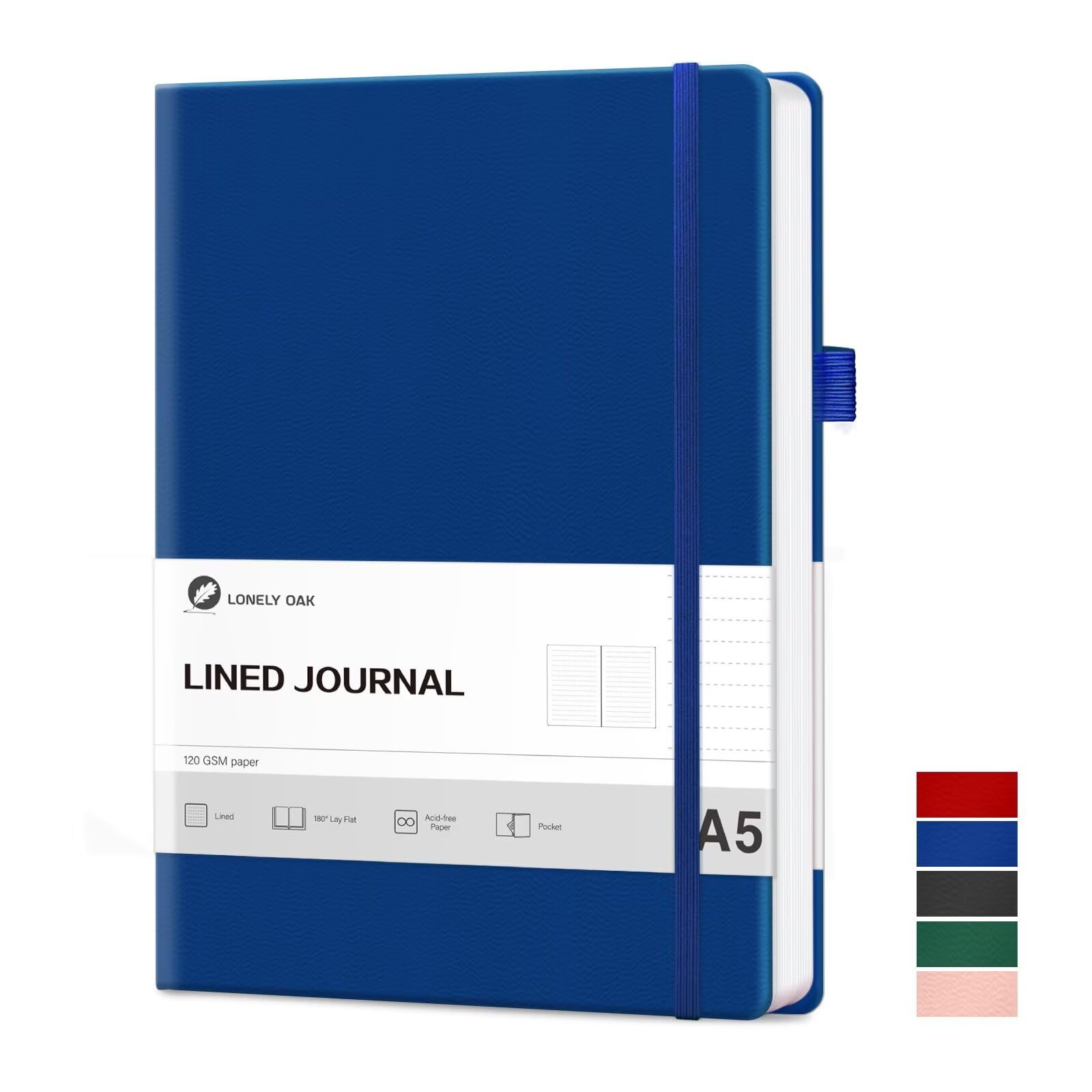 Lonely Oak Lined Journal Notebook, A5 Hardcover Lined Notebook for Women & Men, 120GSM Acid-Free Paper with Leather Hardcover and Inner Pocket, Daily Diary Journal for Work(Blue)