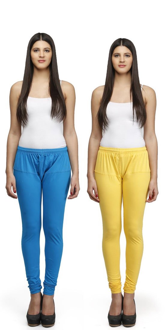 Esszee Women's Cotton Lycra Leggings (Pack of 2) (RUBYPCS2_Turquoise Yellow_Free Size)