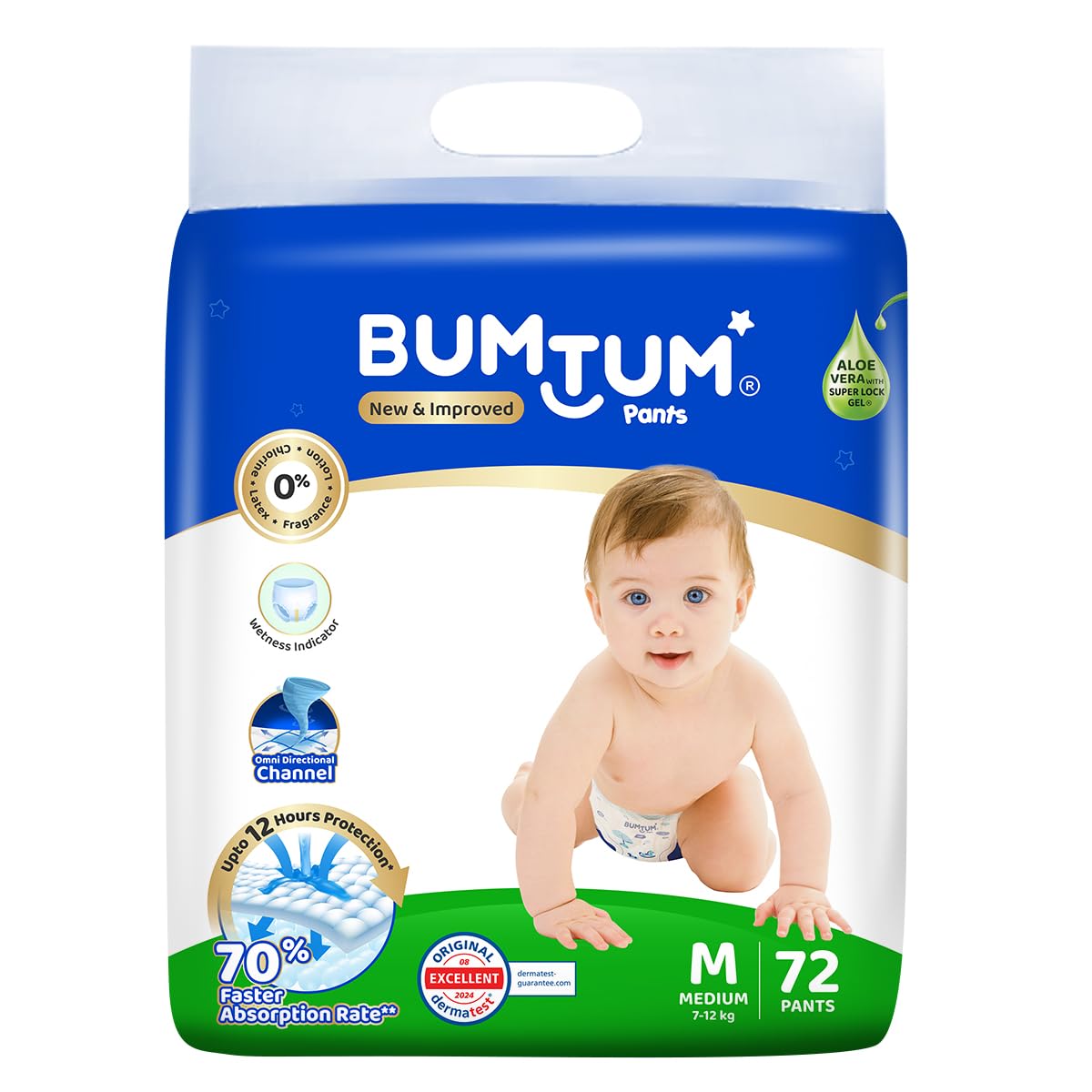 BumtumBaby Diaper Pants, M (Size 3), 7-12 kg, Double Layer Leakage Protection Infused With Aloe Vera, Cottony Soft High Absorb Technology, 72 Diaper