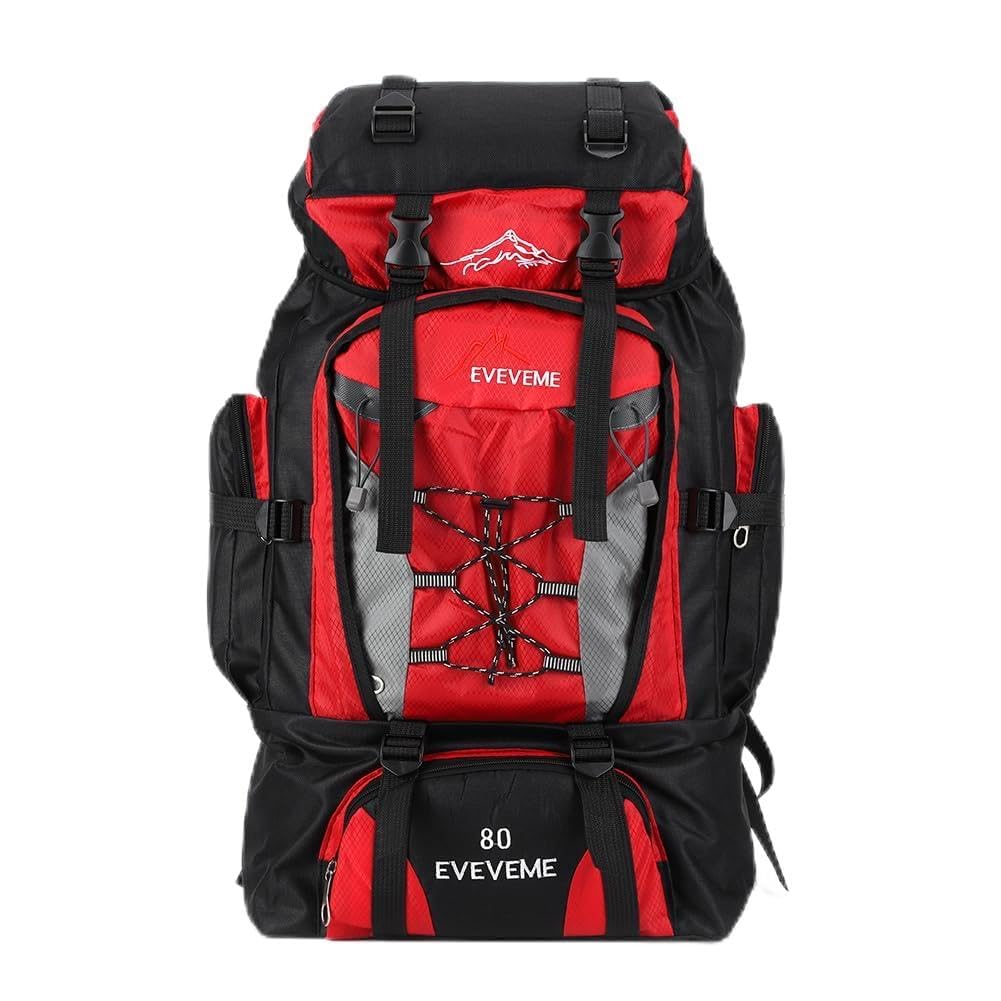 Htu Unisex Red 80L Mountaineering Backpack Large Capacity Trekking Backpack Adjustable Strap Mountain Climbing Rucksack Travel Accessories