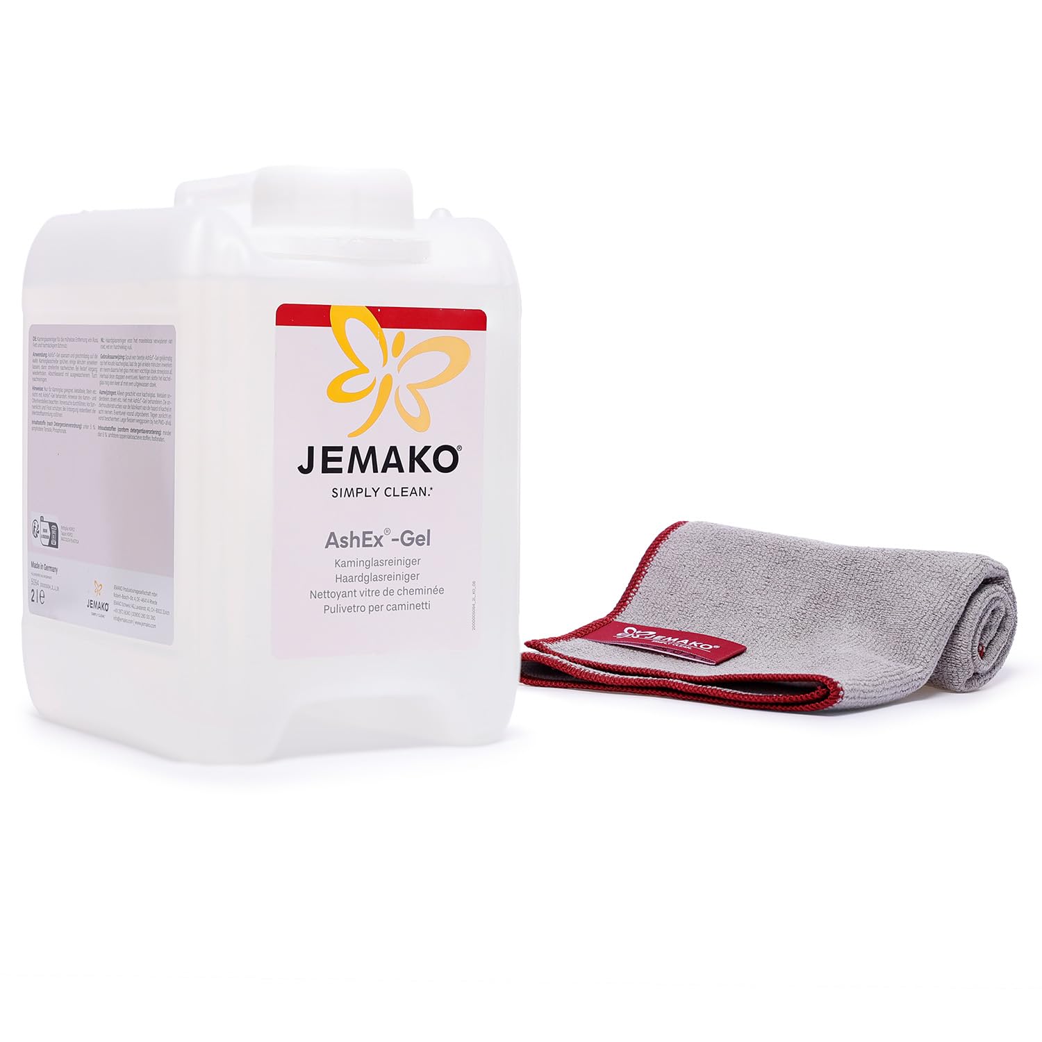 JEMAKO AshEx Kaminglasreiniger Set 2L Spezial-Gel für Ruß & Schmutz, inkl. Profituch & Wäschenetz