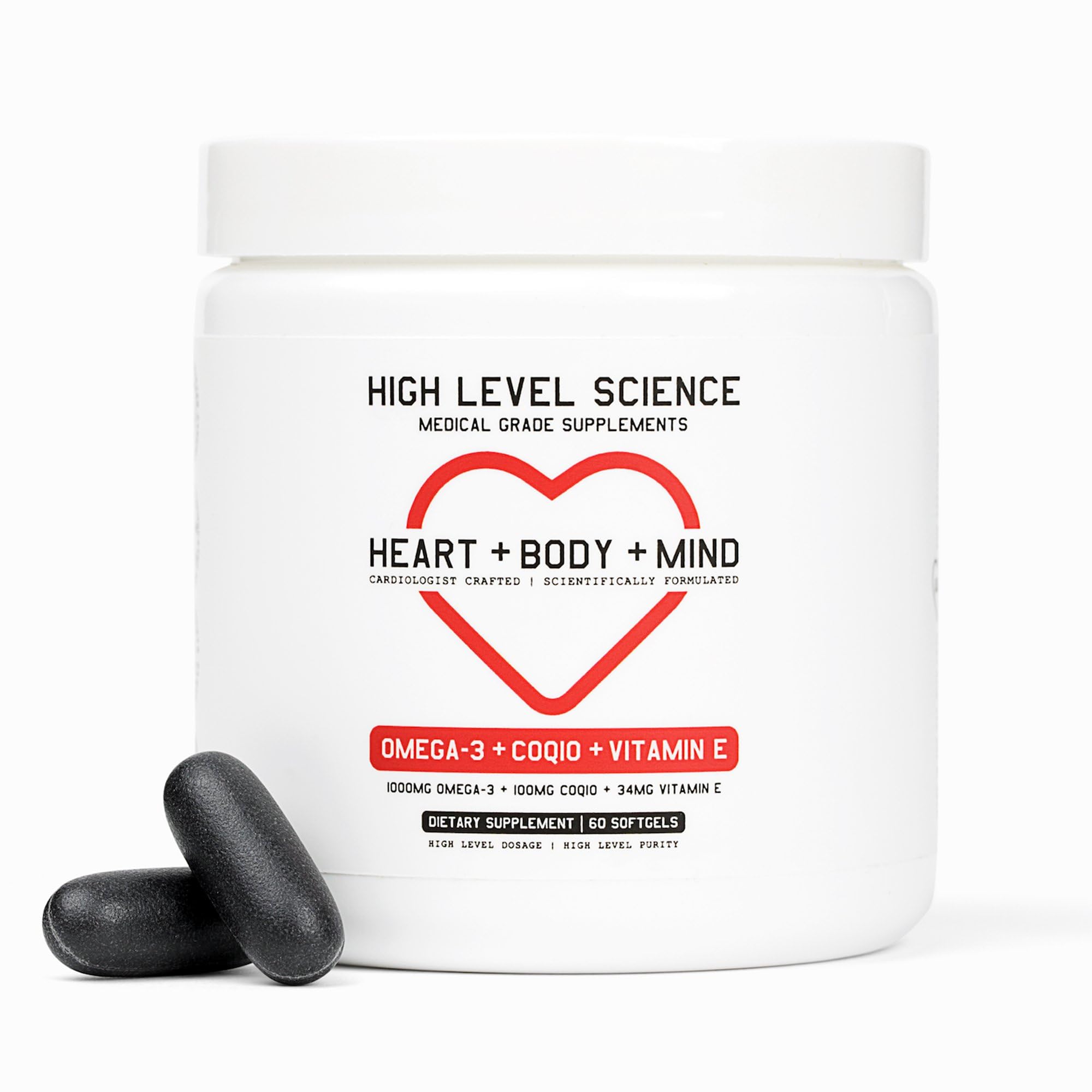 High Level Suplemento de CoQ10 e Ômega-3 com Vitamina E, 200 mg de CoQ10, EPA e DHA, 60 cápsulas gelatinosas
