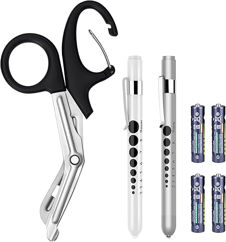 GRICARE Paquete de 3 tijeras de vendaje médico y luz para bolígrafo, bolígrafos médicos + tijeras de trauma de 7.5 pulgadas, acero inoxidable