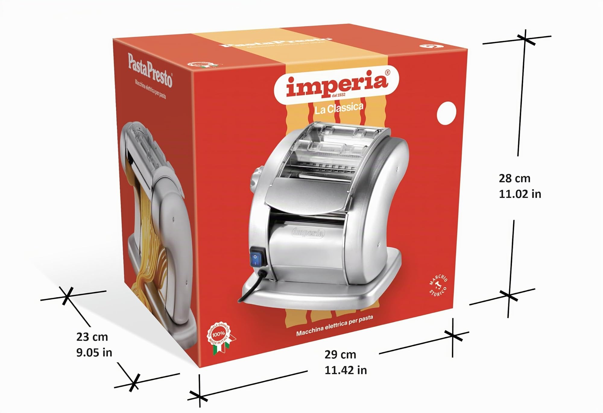 Imperia PastaPresto Ligne Classique. Machine à pâtes électrique. Fabriquè en Italie. Machine à pâtes fraîches avec moteur électrique a 220v. Laminoir électrique pour Lasagne, Tagliolini, Fettuccine